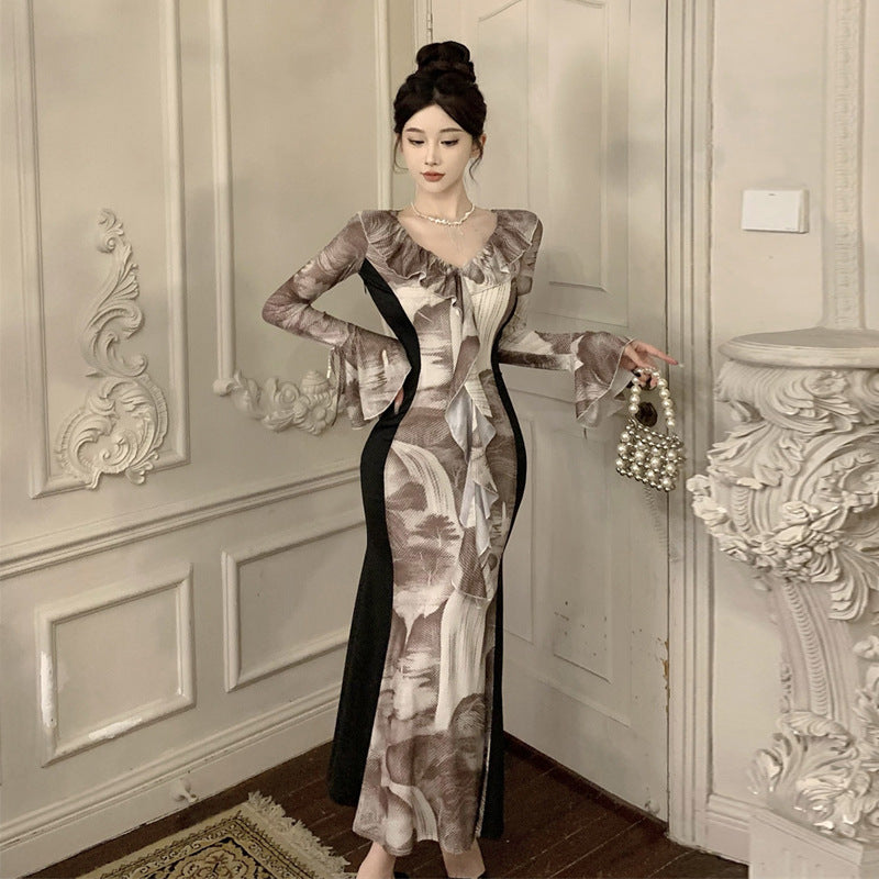 Fina Dam Klänningar V-Hals Lång Ärmar Mesh Ruffled Hem Elegant-2