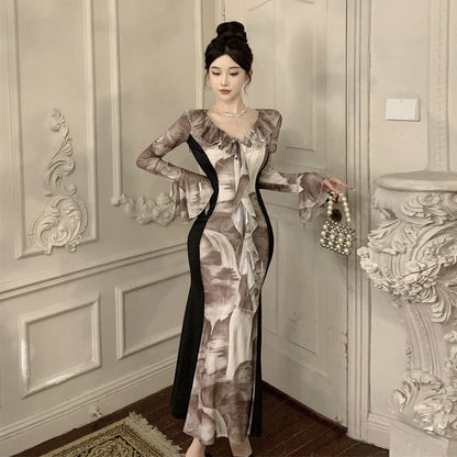 Fina Dam Klänningar V-Hals Lång Ärmar Mesh Ruffled Hem Elegant-2