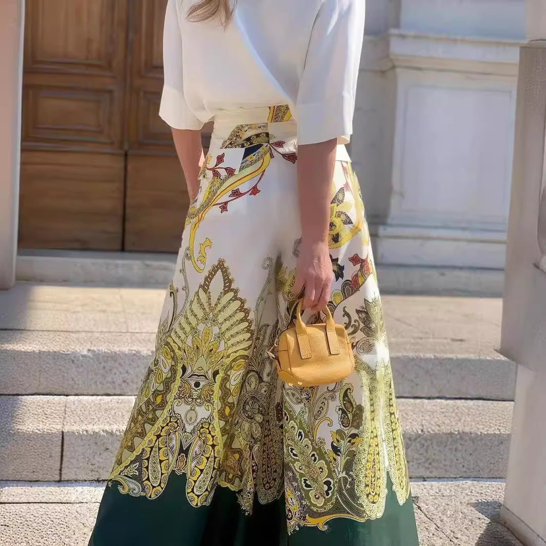 Kvinnors Blommönstrad Skjorta och Breda Benbyxor Set Högkvalitativt Tyg-4