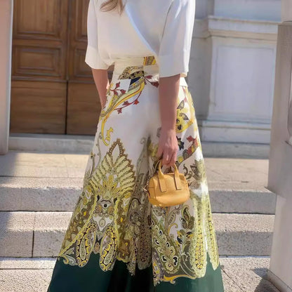 Kvinnors Blommönstrad Skjorta och Breda Benbyxor Set Högkvalitativt Tyg-4