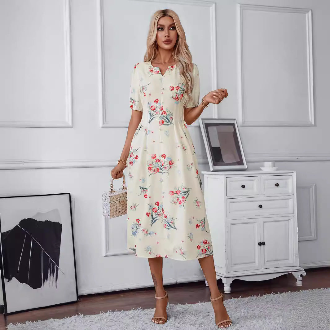 Kvinna Midi Klänning V-hals Blommönster Polyester-2