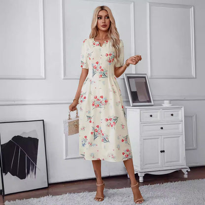 Kvinna Midi Klänning V-hals Blommönster Polyester-2