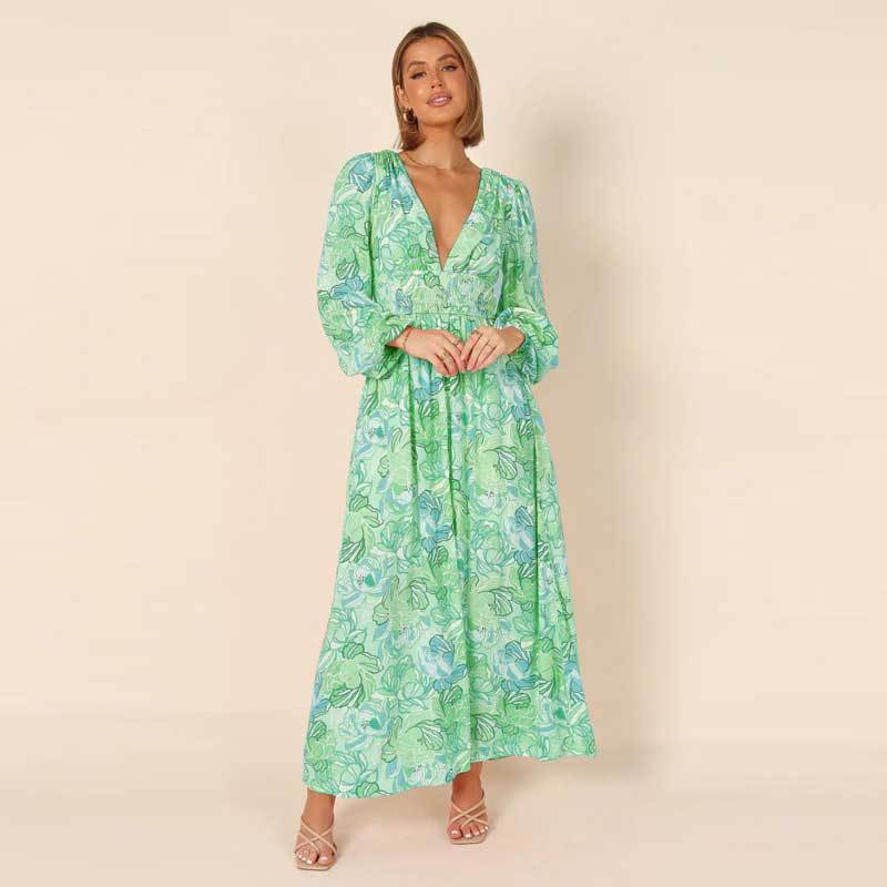 Långärmad A-linjeformad Klänning i Polyester med Tryckt Mönster – Elegant och Bekväm för Vardagsbruk och Fest 4