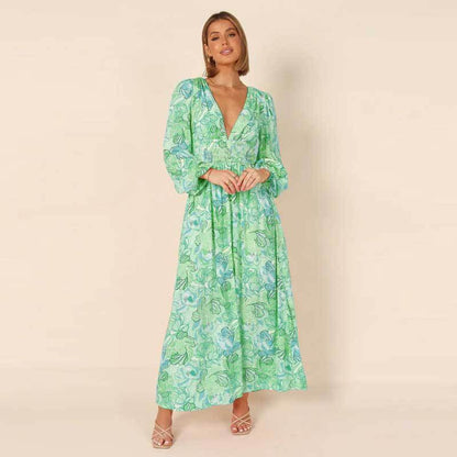 Långärmad A-linjeformad Klänning i Polyester med Tryckt Mönster – Elegant och Bekväm för Vardagsbruk och Fest 4