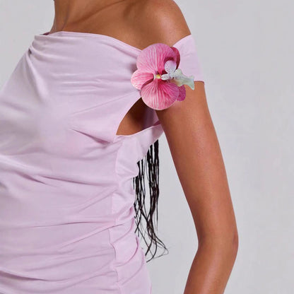 Dam Topp Festlig Asymmetrisk Snitt Blommiga Accenter Andningsbart Tyg-4