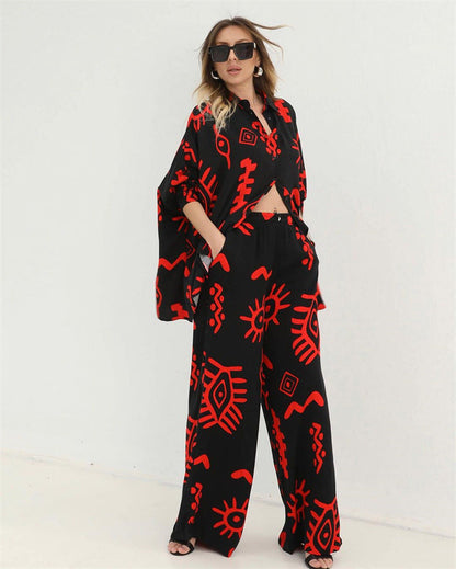 Variant image for Kvinnors Tvådelad Sats Löst Topp Höga Midja Byxor Polyester Spandex-21