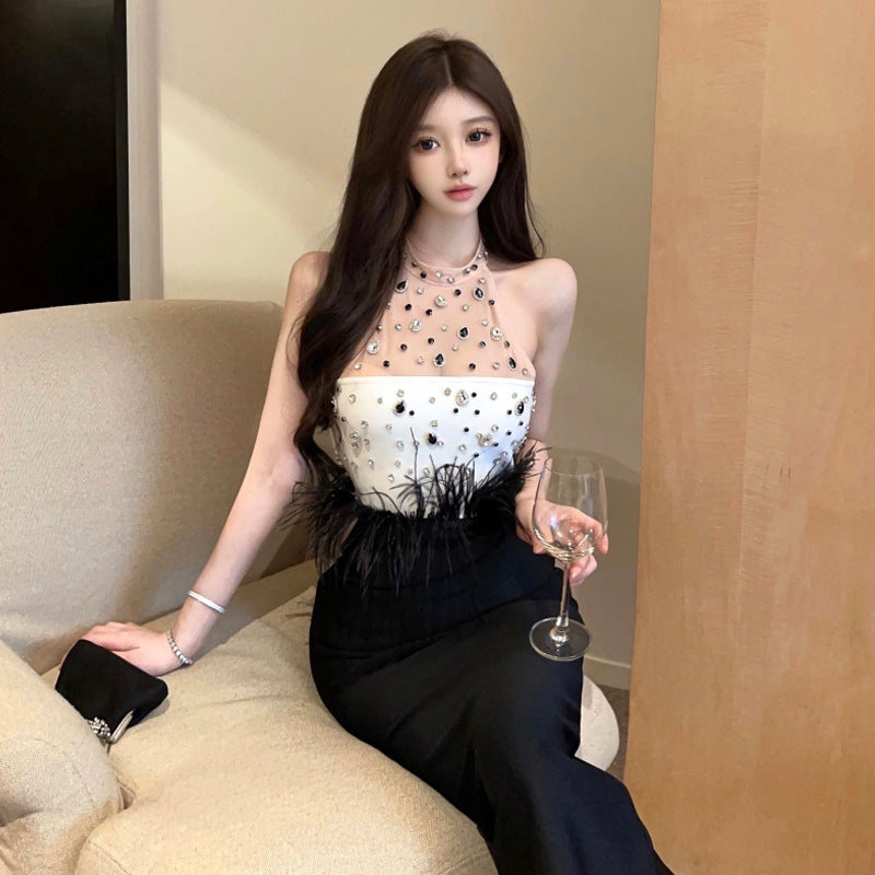 Dam Aftonklänning Lång Off-Shoulder Med Pärlor och Fjädrar-4