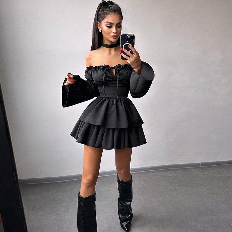 Kvinnors Off-Shoulder Klänning Flödande Ruffles Högkvalitativt Tyg 5