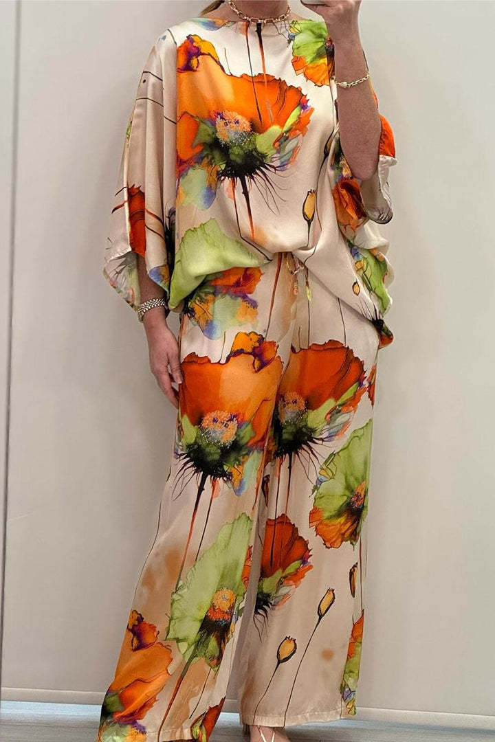 Dam Set Blommönster Satin Långa Byxor-5