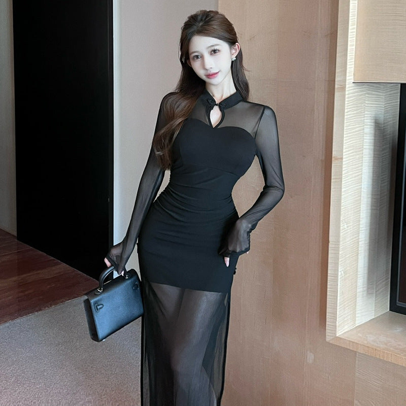 Kvinnors Långärmad Klänning Nät Hög Slits Polyester-2