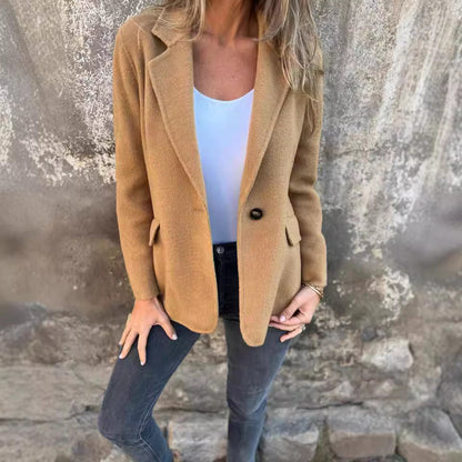 Dam Fritidsjacka Regular Fit Ull Spandex med Knapp och Faux Fickor-5