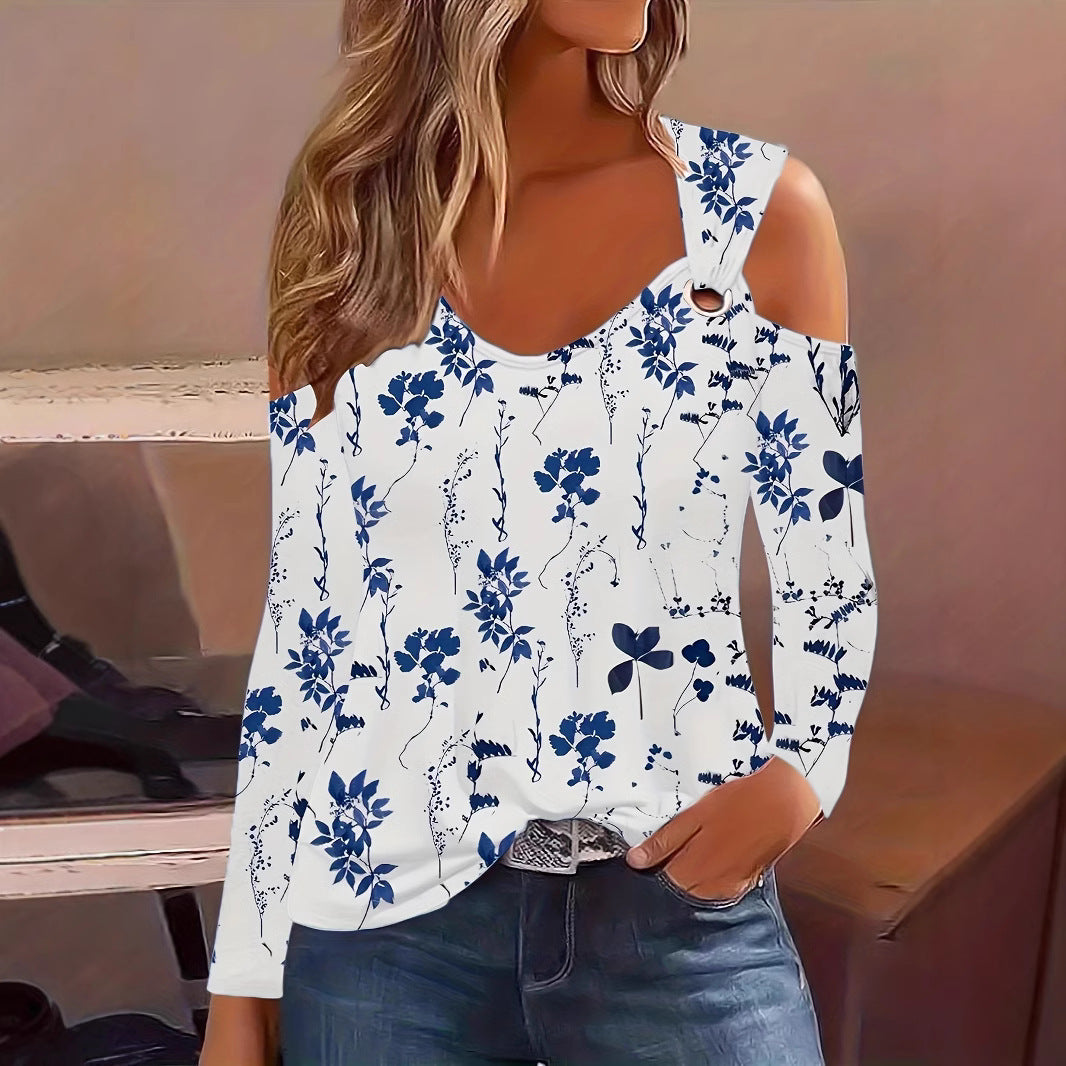 Dam Off-Shoulder Topp Blommönster V-Ringning Polyester-5