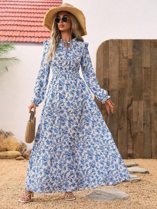 Kvinnors Lång Klänning Blommig A-Line Polyester med Långa Ärmar-1