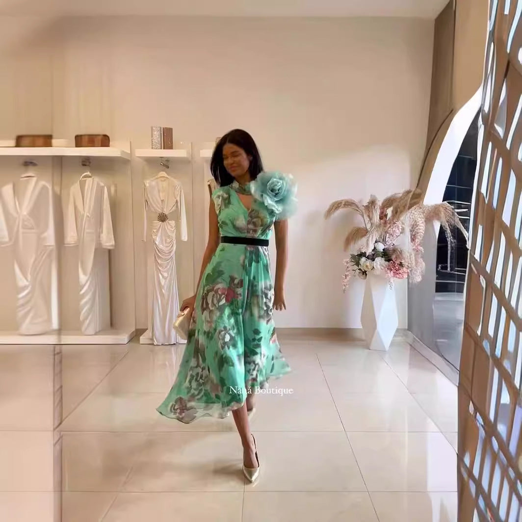 Dam Midi Klänning A-linjeformad Söt Polyester-4