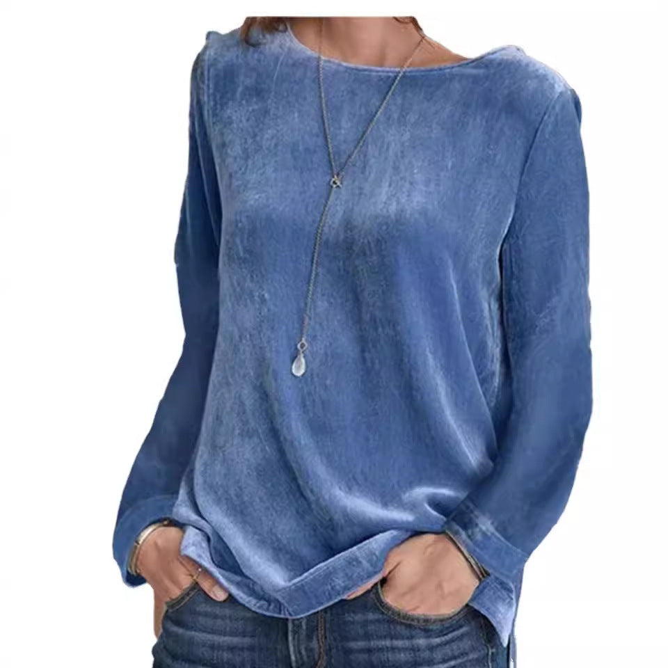 Dam Tröja Rundhals Sammet Löst Passform-5