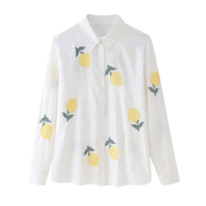 Dam Skjorta Broderad Avslappnad Design 100% Bomull-1