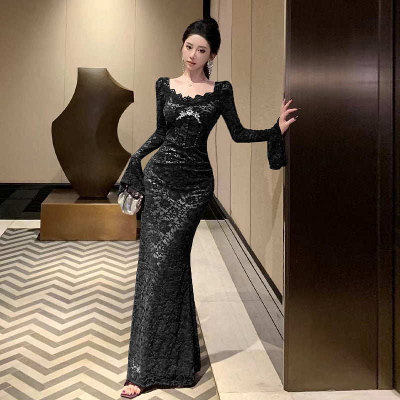 Variant image for Kvinnors Klänning U-hals Långa Spetsiga Ärmar Polyester Elastan Rhinestones-4