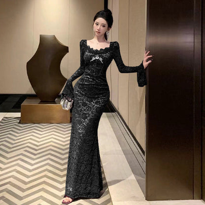 Variant image for Kvinnors Klänning U-hals Långa Spetsiga Ärmar Polyester Elastan Rhinestones-4