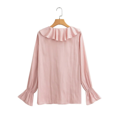 Dam Blus V-ringad med Volangdetaljer i Lätt Material 2