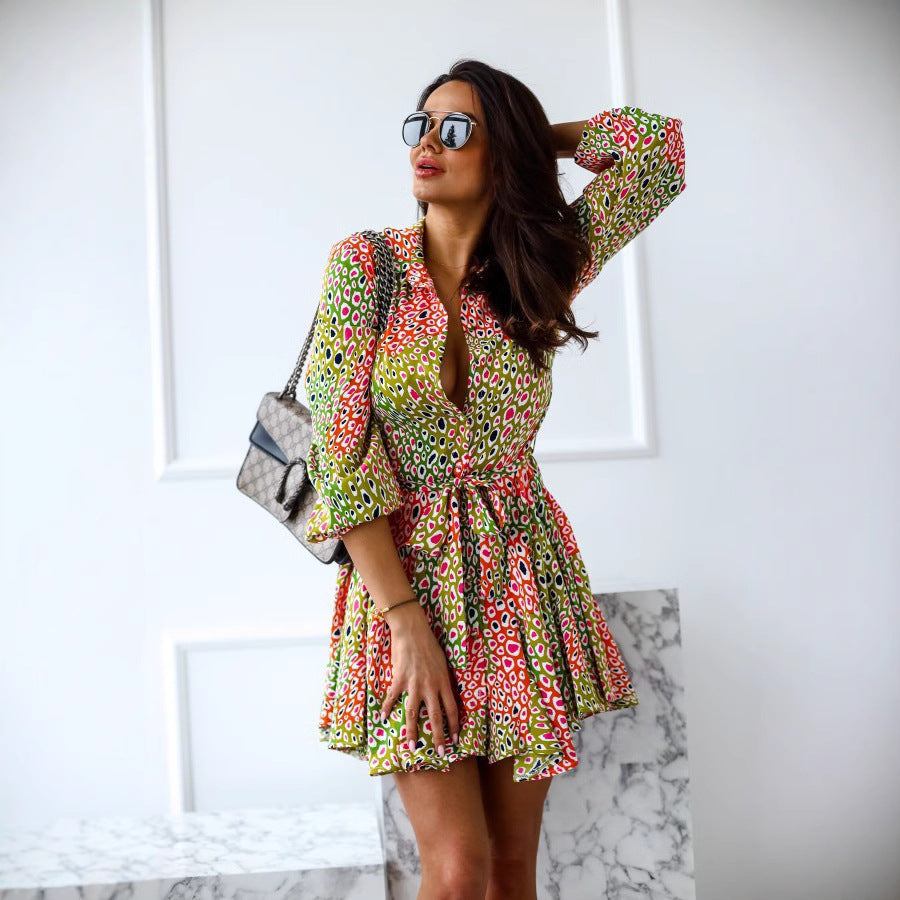 Kvinnors Midi Klänning A-linjeformad Polyester Knappkrage-6