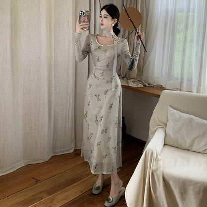 Kvinnors A-linjeformad Klänning Blommönster Polyester Långa Ärmar-3