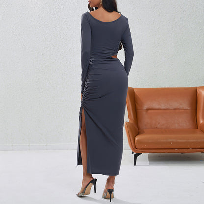 Maxiklänning Dam Off-Shoulder Elastisk Lång Klänning med Långa Ärmar och Sidoslits 3