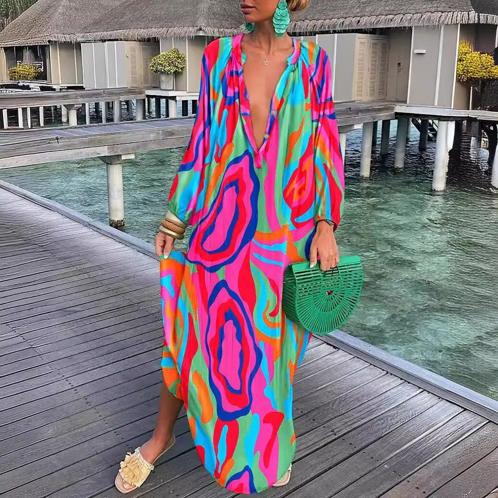 Dam Klänning Långärmad V-Hals Blommig A-Linje Fiber-3