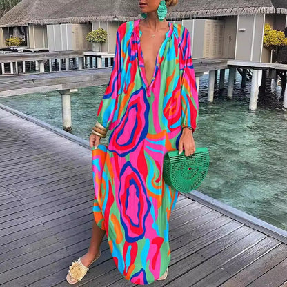 Dam Klänning Långärmad V-Hals Blommig A-Linje Fiber-3