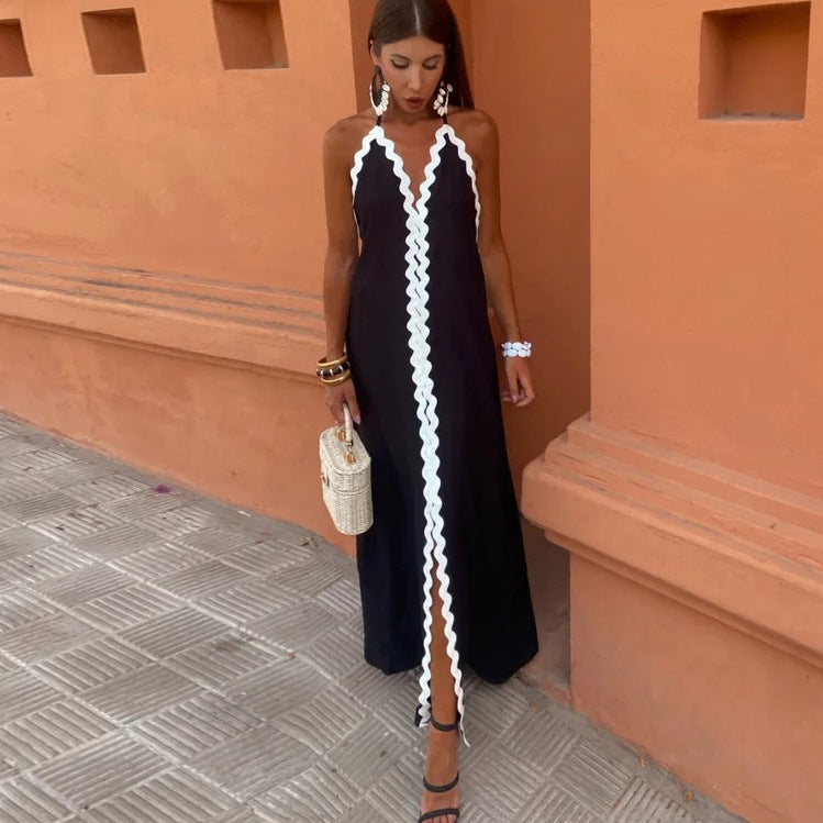 Maxiklänning Dam Flödande Snitt med Blöjhalring och Kontrastkant Lätt Tyg 2