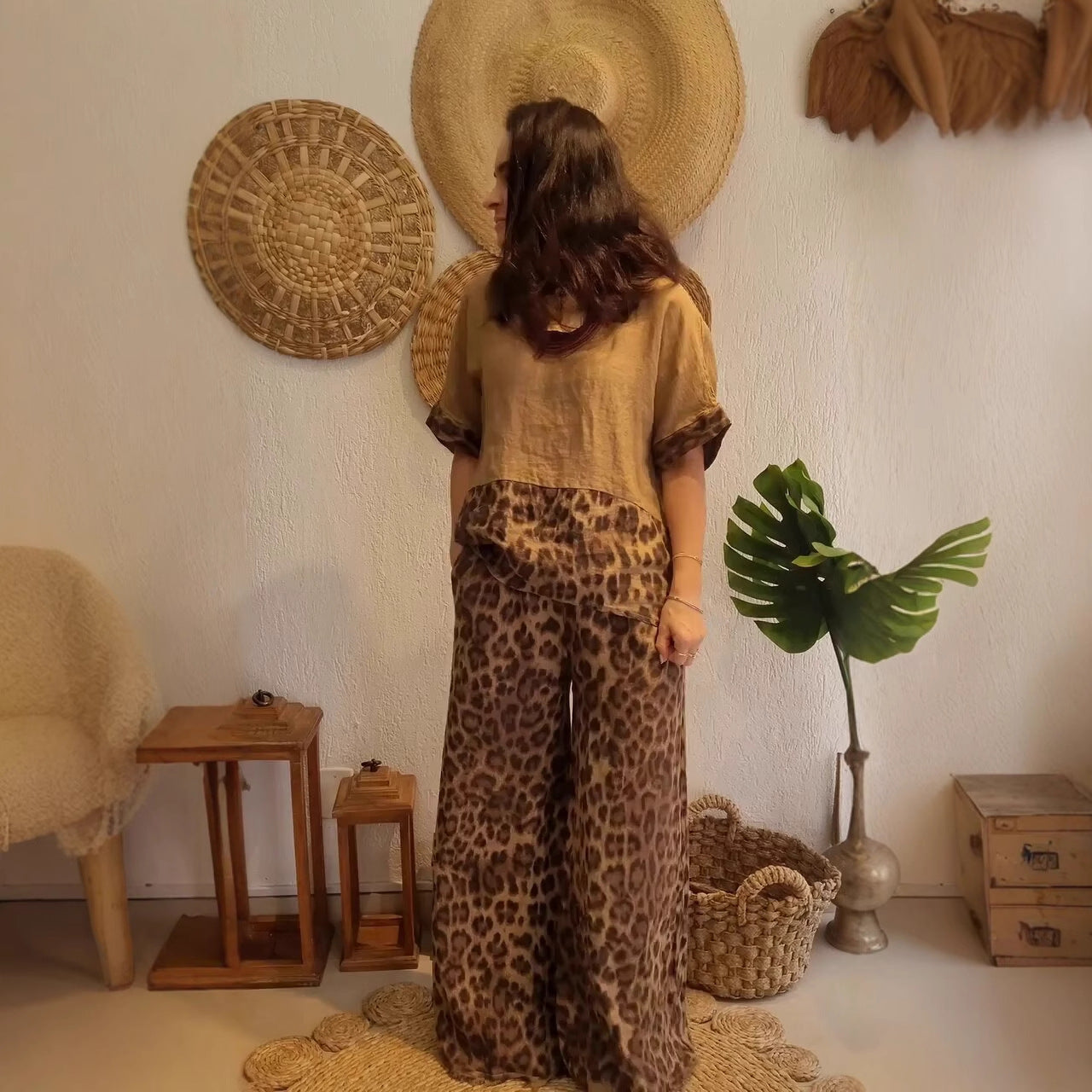 Dam Kortärmad Topp och Breda Byxor Färgblockerad Polyester för Sommarkläder-3