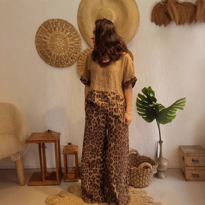 Dam Kortärmad Topp och Breda Byxor Färgblockerad Polyester för Sommarkläder-3