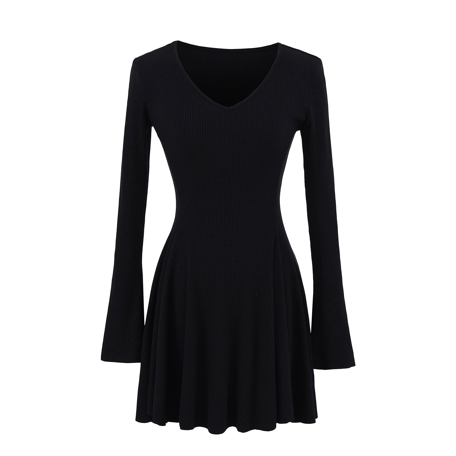 V-ringad Klänning för Kvinnor med Långa Ärmar och Svängande Kjol – Bomullsblandning, Mångsidig Design 3