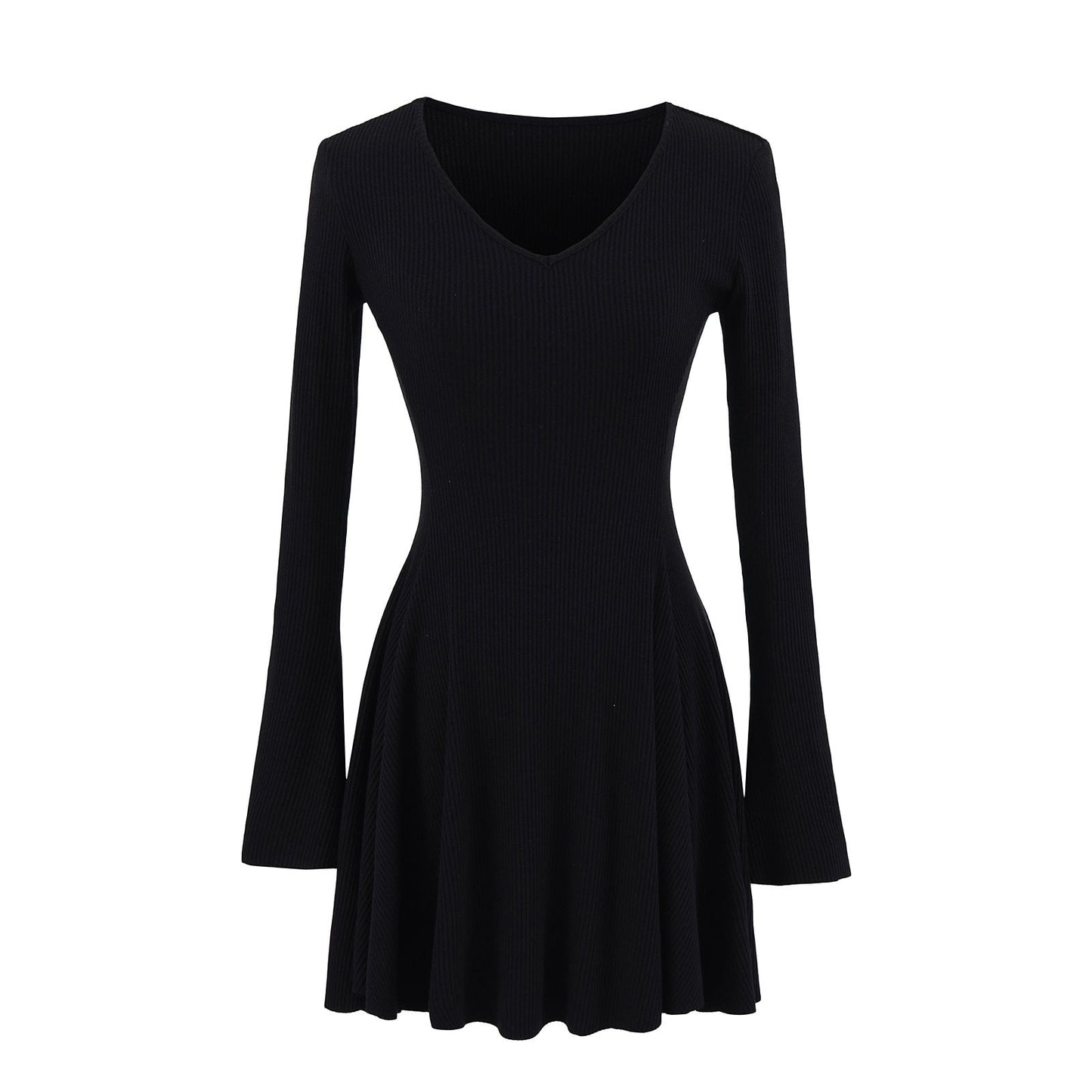 V-ringad Klänning för Kvinnor med Långa Ärmar och Svängande Kjol – Bomullsblandning, Mångsidig Design 6