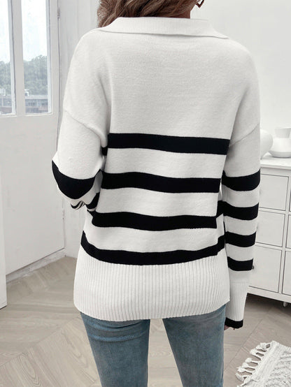 Dam Vändbar Cardigan Ränder Mjuk Tyg-6