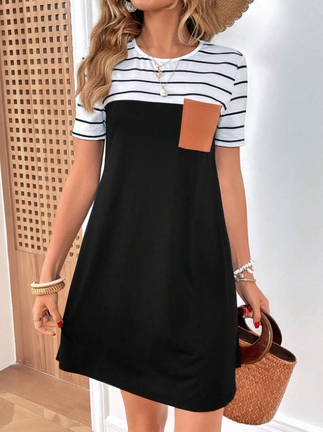 Kvinna A-Linjeformad Klänning Korta Ärmar Bomull Randig-3