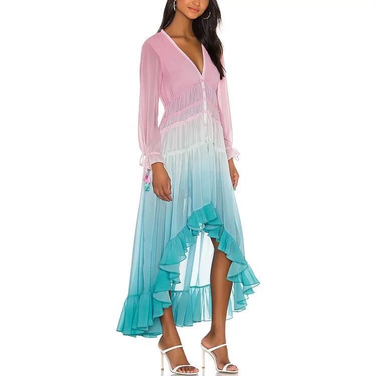 Kvinna Lång Kjol Färggradient Polyester Utställd Design-4