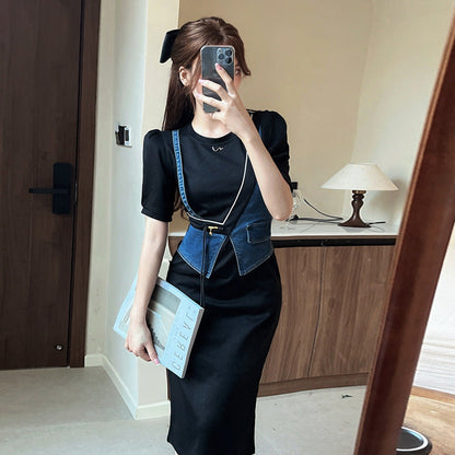 Dam Klänning Tvådelad Denim Färgblockering Regular Fit-2