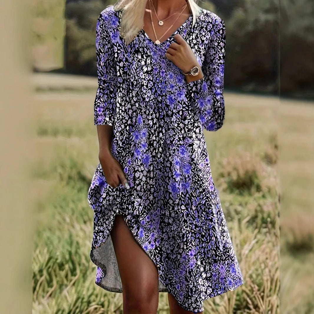 Dam Klänning V-ringad A-linjeformad Bomull Polyester-5