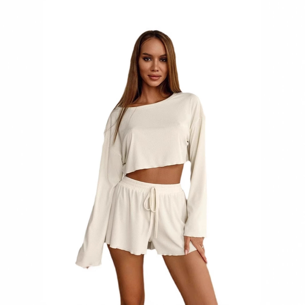 Dam Pyjamas Set Långa Ärmar och Tre-Fjärdedelsbyxor i Mjuk Polyester-6