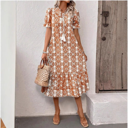 Kvinna A-Linje Klänning Rüschen V-Hals Polyester-4