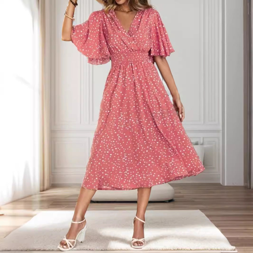 Damklänning A-linjeformad med V-ringning och Elastisk Midja i Polyester-5