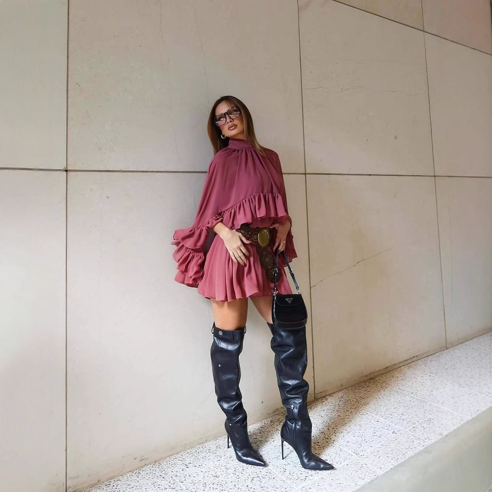 Kvinnor Draperad Klänning Rufsade Detaljer Mjukt Tyg 2