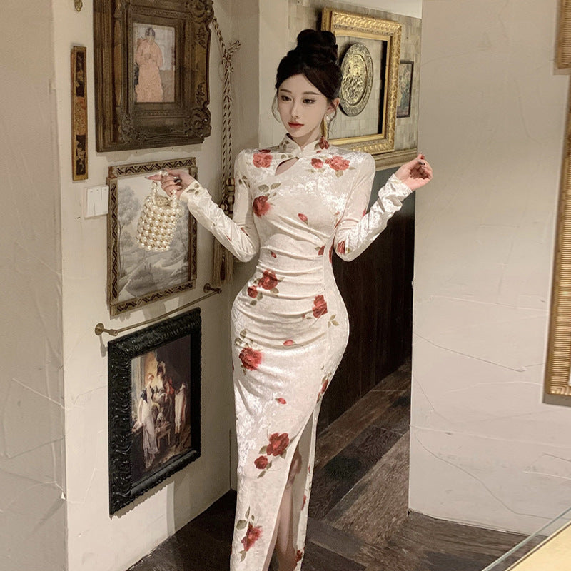 Kvinnors Qipaoklänning Midjekonstruktion Högkvalitativt Tyg-3