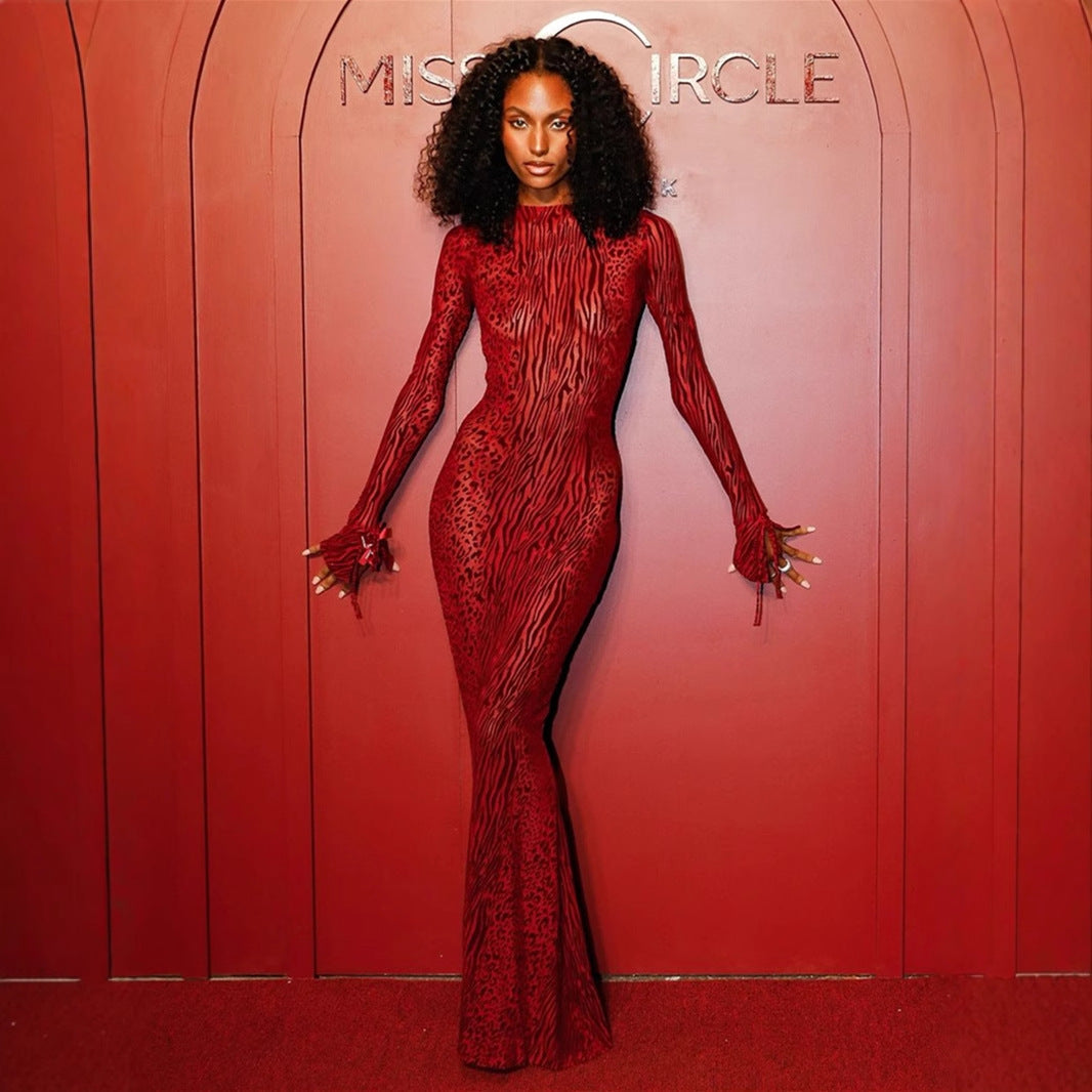 Fina Dam Klänningar Bodycon Transparent Leopardmönster Polyester-2