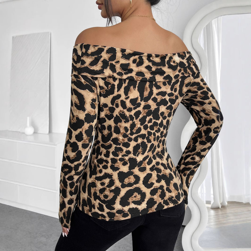 Dam Långärmad T-shirt Off-Shoulder Leopardmönster Bomull-3