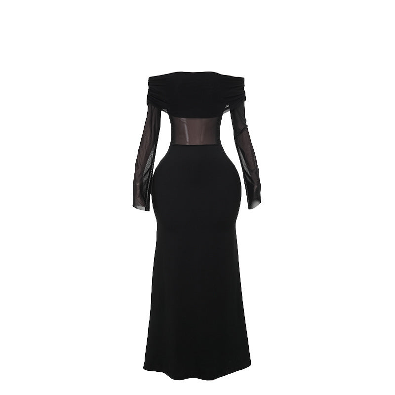 Maxiklänning Dam Off-Shoulder Transparenta Ärmar Elastiskt Tyg 6