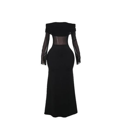 Maxiklänning Dam Off-Shoulder Transparenta Ärmar Elastiskt Tyg 6