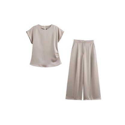 Kvinnors Satin Set Fållad Top Tre Fjärdedelar Vida Byxor Polyester-2