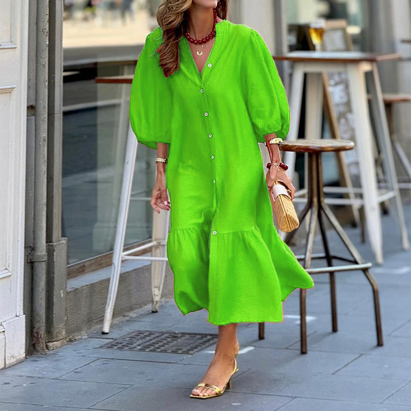 Kvinna Midi Klänning A-linjeformad med Lösa Puffade Ärmar Mjuk Material-5