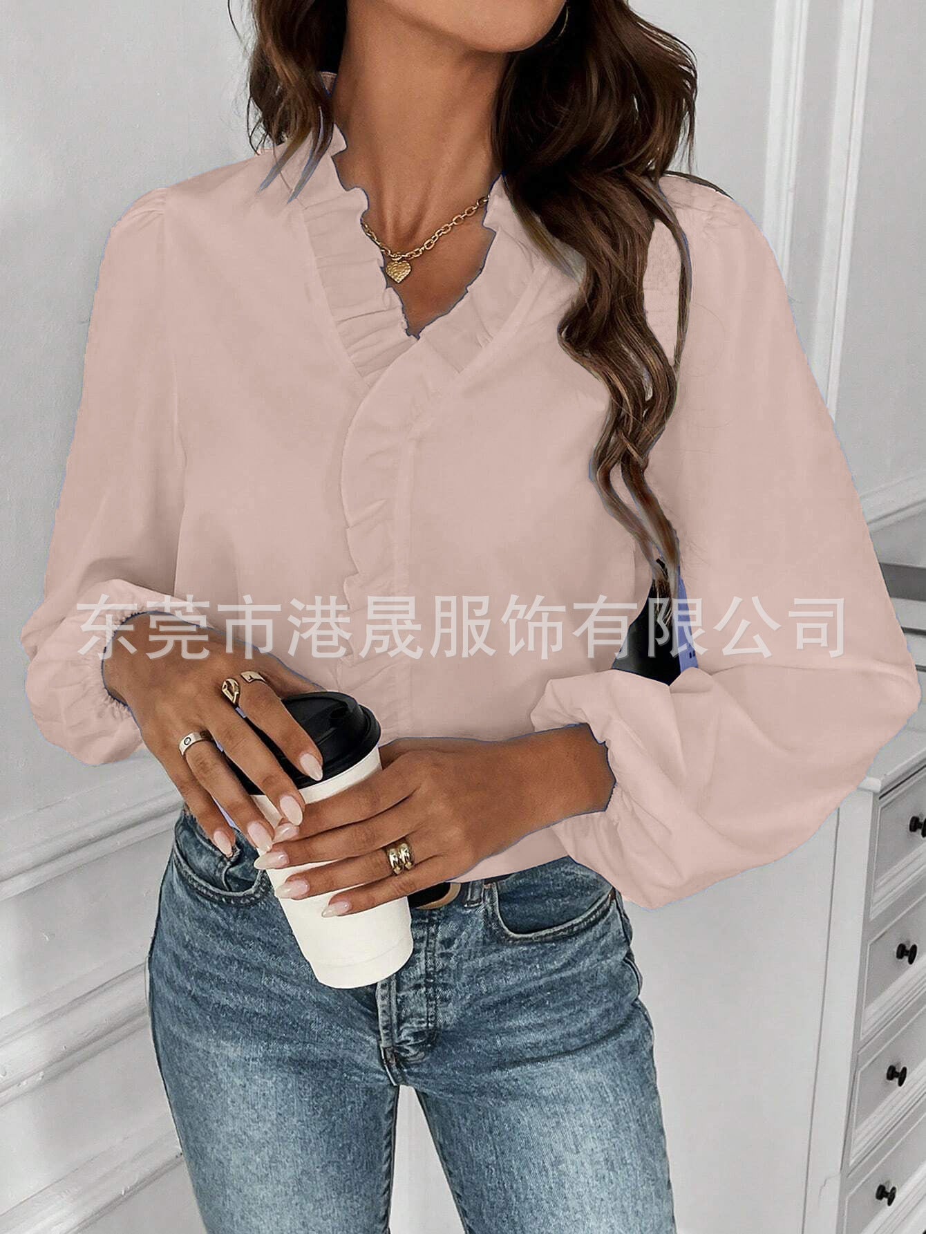 Dam Långärmad Skjorta Rufsad Polyester Elegant Loose Fit-6